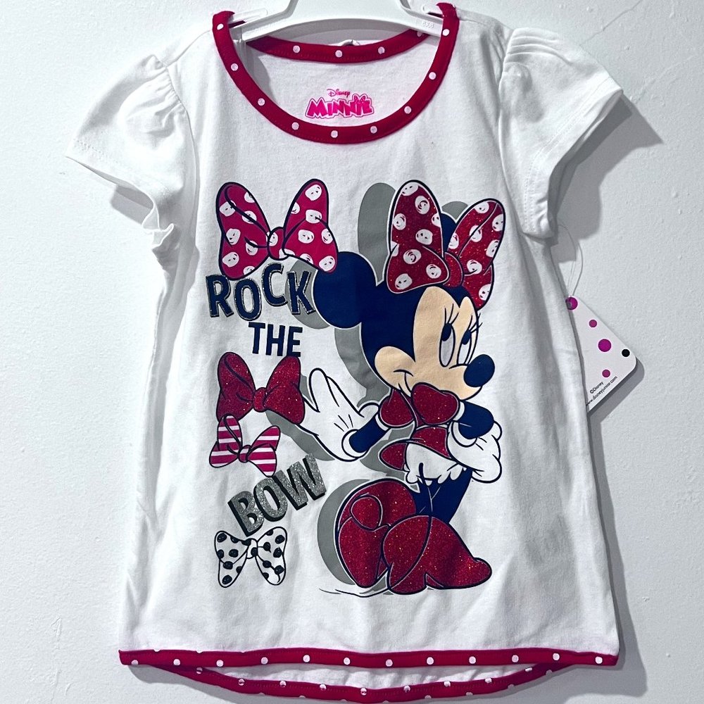 Disney Minnie Mouse Rock the Bow White Glitter Girls T-Shirt NWT